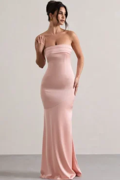 Colada | Pink Satin Pleated Bandeau Maxi Dress
