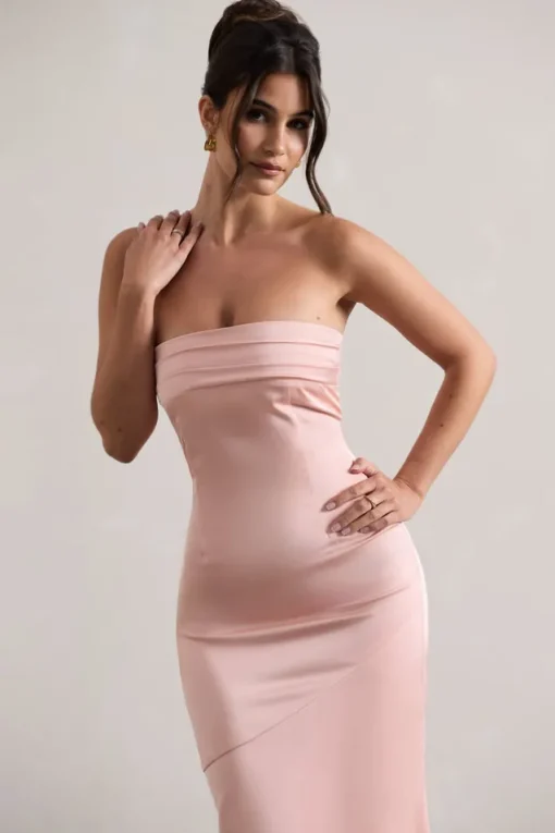 Colada | Pink Satin Pleated Bandeau Maxi Dress