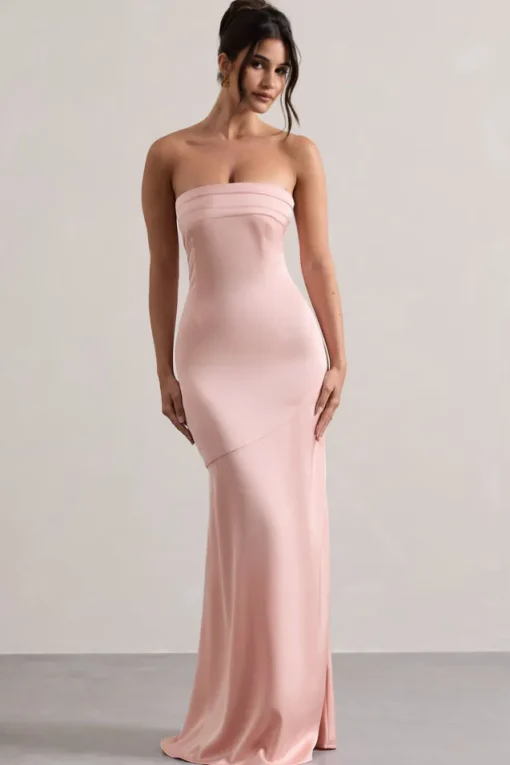 Colada | Pink Satin Pleated Bandeau Maxi Dress