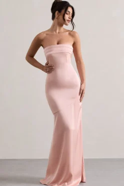Colada | Pink Satin Pleated Bandeau Maxi Dress