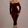 Compliment | Berry Velvet Bardot Midi Dress