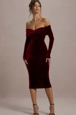 Compliment | Berry Velvet Bardot Midi Dress