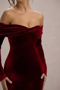 Compliment | Berry Velvet Bardot Midi Dress