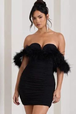 Confetti | Black Sweetheart Mini Dress With Chiffon Feather Sleeves