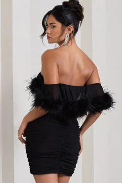 Confetti | Black Sweetheart Mini Dress With Chiffon Feather Sleeves