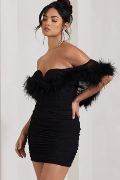 Confetti | Black Sweetheart Mini Dress With Chiffon Feather Sleeves