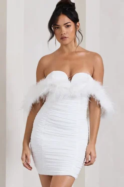 Confetti | White Sweetheart Mini Dress With Chiffon Feather Sleeves