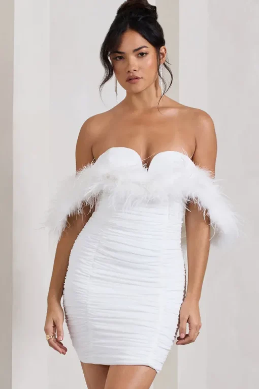 Confetti | White Sweetheart Mini Dress With Chiffon Feather Sleeves