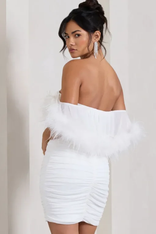 Confetti | White Sweetheart Mini Dress With Chiffon Feather Sleeves