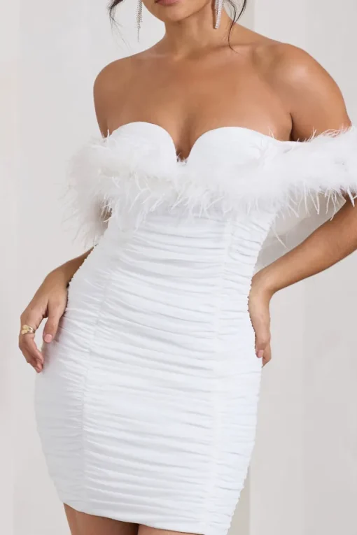 Confetti | White Sweetheart Mini Dress With Chiffon Feather Sleeves