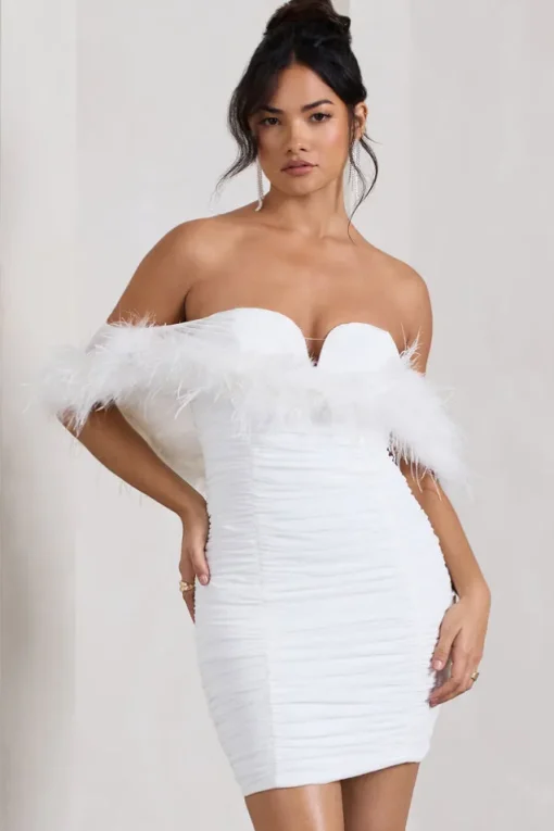 Confetti | White Sweetheart Mini Dress With Chiffon Feather Sleeves