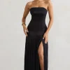 Confidence | Black Satin Bandeau Pleated Split Maxi Dress