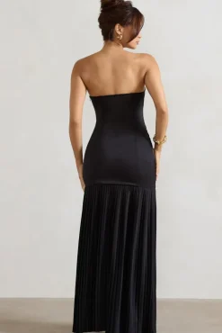 Confidence | Black Satin Bandeau Pleated Split Maxi Dress