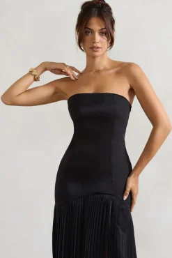 Confidence | Black Satin Bandeau Pleated Split Maxi Dress