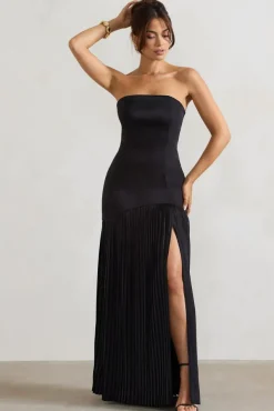 Confidence | Black Satin Bandeau Pleated Split Maxi Dress