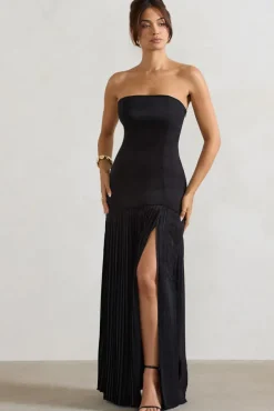 Confidence | Black Satin Bandeau Pleated Split Maxi Dress