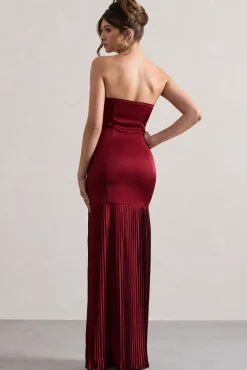 Confidence | Burgundy Satin Bandeau Pleated Split Maxi Dress