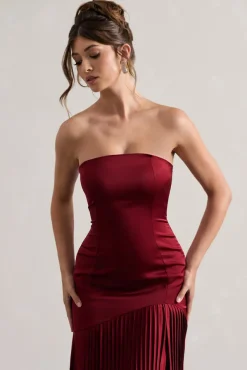 Confidence | Burgundy Satin Bandeau Pleated Split Maxi Dress