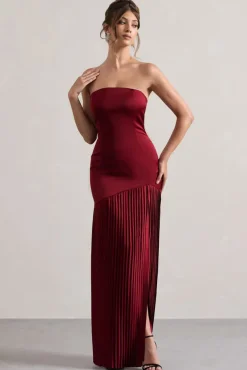 Confidence | Burgundy Satin Bandeau Pleated Split Maxi Dress