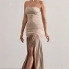 Confidence | Champagne Satin Bandeau Pleated Split Maxi Dress