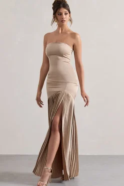 Confidence | Champagne Satin Bandeau Pleated Split Maxi Dress