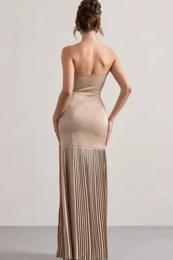 Confidence | Champagne Satin Bandeau Pleated Split Maxi Dress