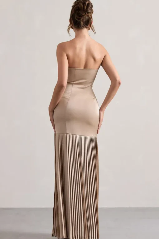 Confidence | Champagne Satin Bandeau Pleated Split Maxi Dress