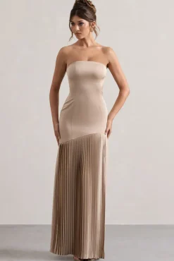 Confidence | Champagne Satin Bandeau Pleated Split Maxi Dress