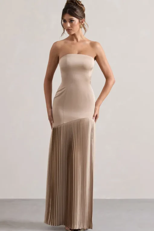 Confidence | Champagne Satin Bandeau Pleated Split Maxi Dress