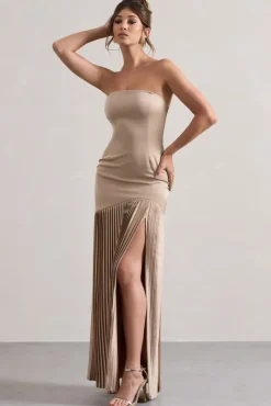 Confidence | Champagne Satin Bandeau Pleated Split Maxi Dress