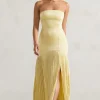 Confidence | Lemon Satin Bandeau Pleated Split Maxi Dress
