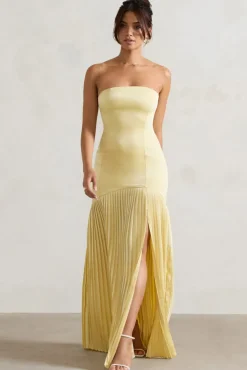 Confidence | Lemon Satin Bandeau Pleated Split Maxi Dress