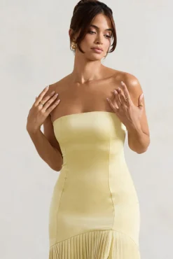 Confidence | Lemon Satin Bandeau Pleated Split Maxi Dress