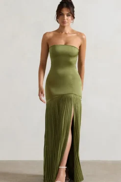 Confidence | Olive Satin Bandeau Pleated Split Maxi Dress
