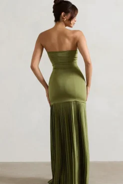 Confidence | Olive Satin Bandeau Pleated Split Maxi Dress