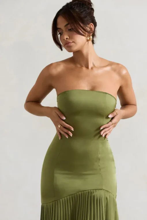 Confidence | Olive Satin Bandeau Pleated Split Maxi Dress