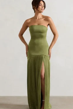 Confidence | Olive Satin Bandeau Pleated Split Maxi Dress