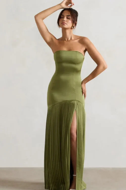 Confidence | Olive Satin Bandeau Pleated Split Maxi Dress