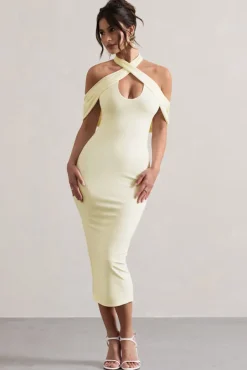 Connect | Cream Bodycon Halter-Neck Midi Dress With Cut-Out