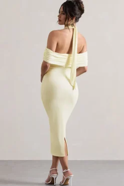 Connect | Cream Bodycon Halter-Neck Midi Dress With Cut-Out