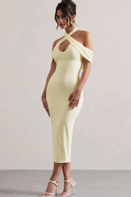 Connect | Cream Bodycon Halter-Neck Midi Dress With Cut-Out