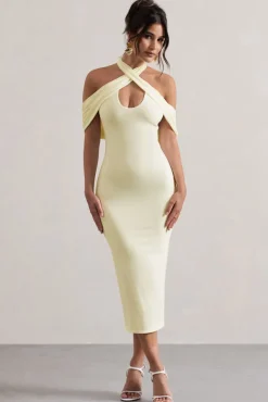 Connect | Cream Bodycon Halter-Neck Midi Dress With Cut-Out