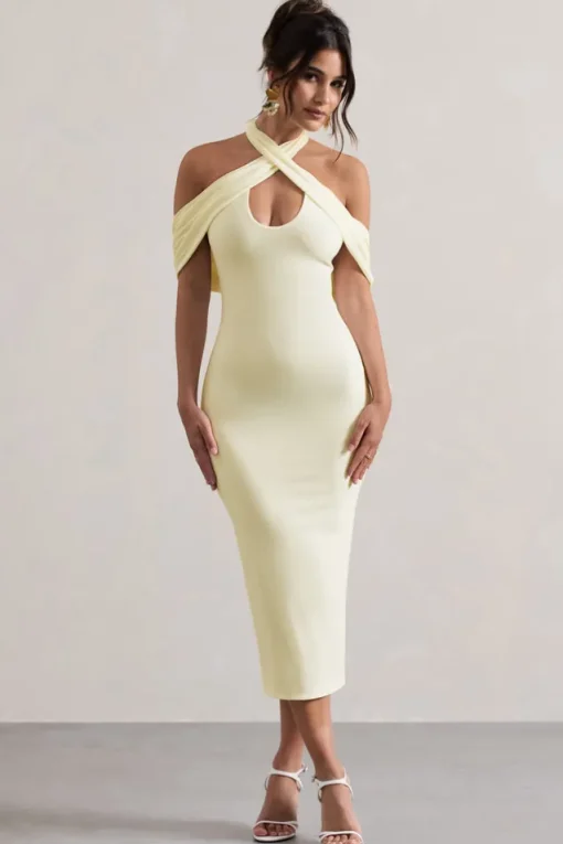 Connect | Cream Bodycon Halter-Neck Midi Dress With Cut-Out