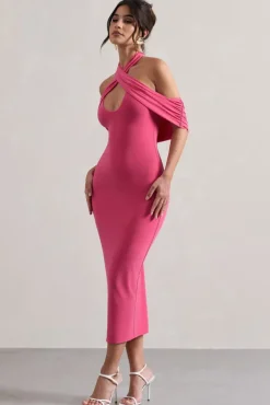 Connect | Pink Bodycon Halter-Neck Midi Dress With Cut-Out