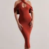 Connect | Terracotta Bodycon Halter-Neck Midi Dress With Cut-Out