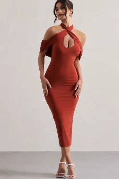 Connect | Terracotta Bodycon Halter-Neck Midi Dress With Cut-Out