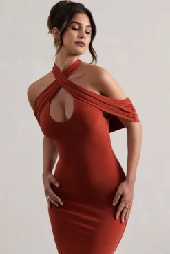 Connect | Terracotta Bodycon Halter-Neck Midi Dress With Cut-Out