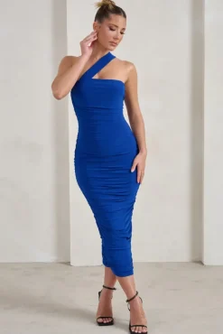 Connie | Cobalt Blue Ruched Asymmetric Neckline Midi Dress