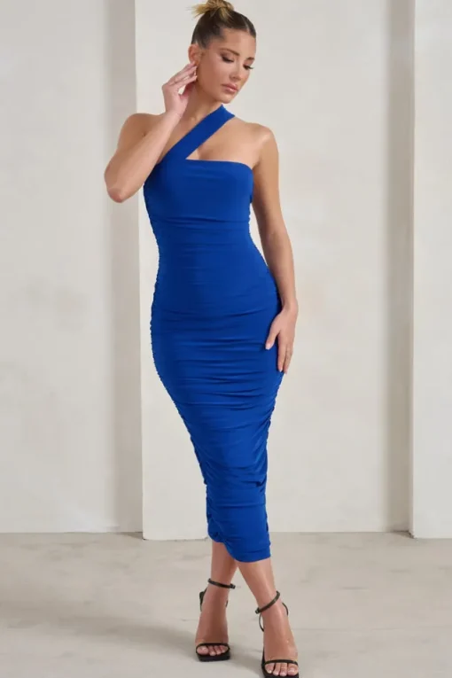 Connie | Cobalt Blue Ruched Asymmetric Neckline Midi Dress