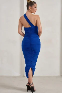 Connie | Cobalt Blue Ruched Asymmetric Neckline Midi Dress